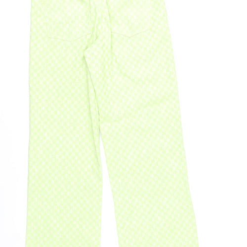 Zara Women Green Check Straight Leg Cotton Blend Trousers Size S