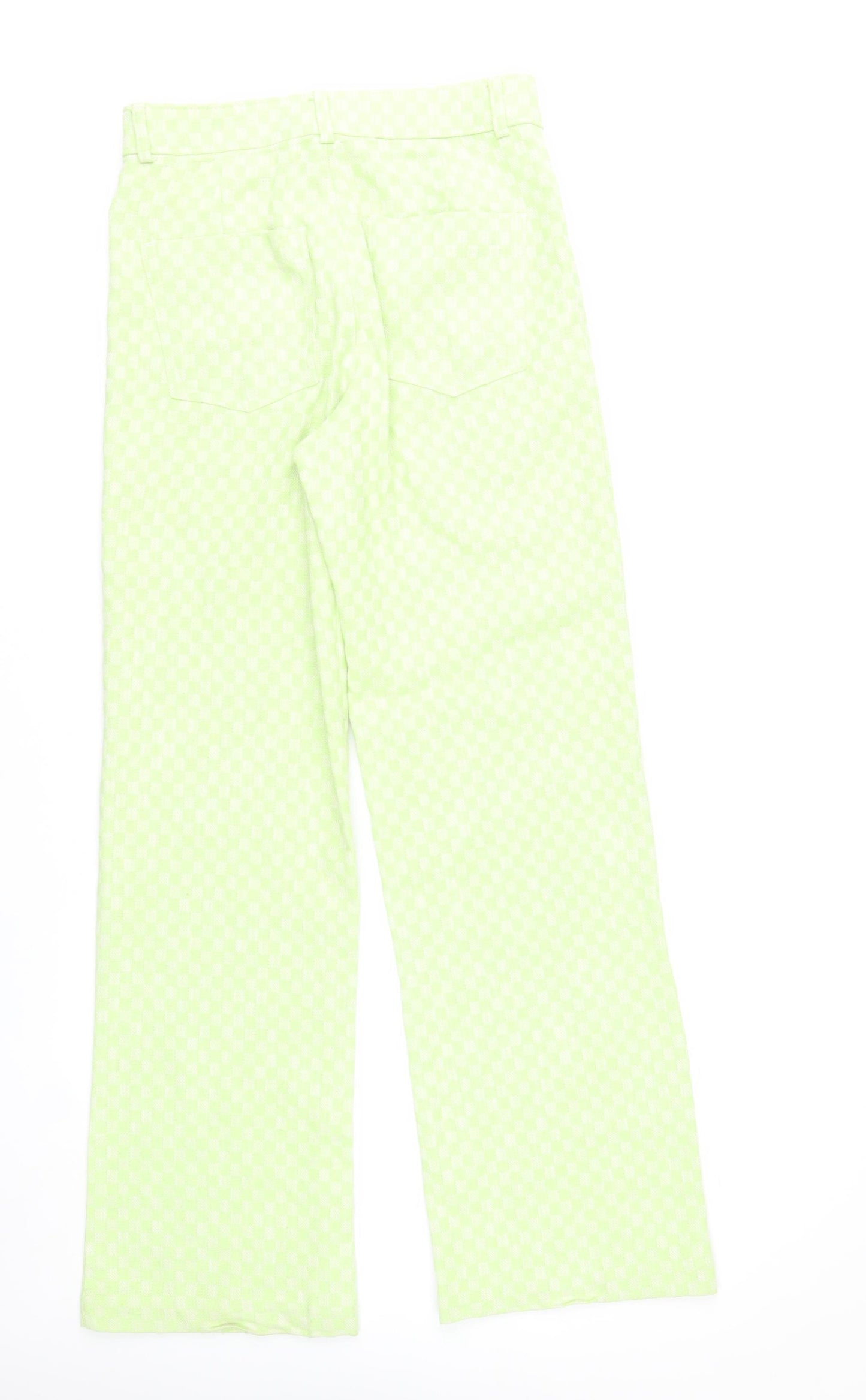 Zara Women Green Check Straight Leg Cotton Blend Trousers Size S