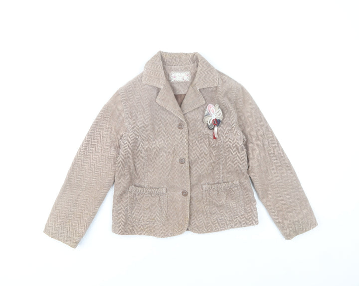 Mamas & Papas Girls Brown Herringbone Cotton Coat 6-7 Years Buttoned