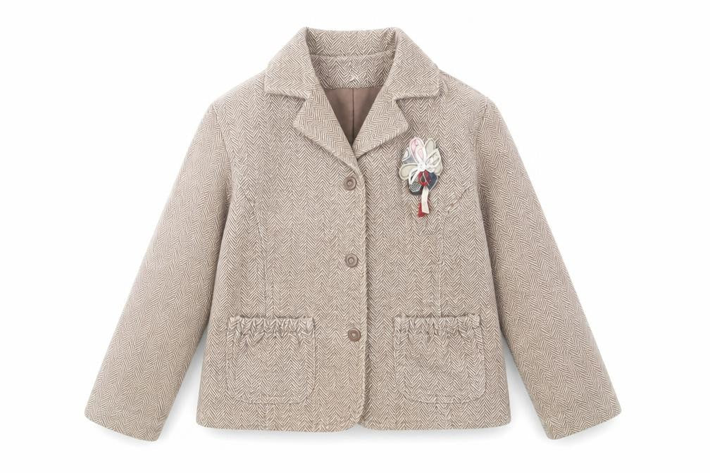 Front view of mamas & papas girls’ brown herringbone cotton coat 6-7 years buttoned