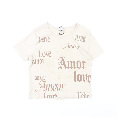 Stradivarius Women Beige Love Print T-Shirt Size 14 Cotton