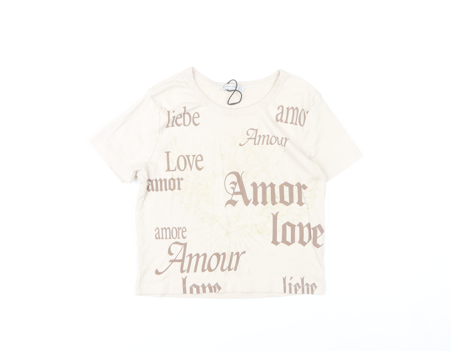 Stradivarius Women Beige Love Print T-Shirt Size 14 Cotton