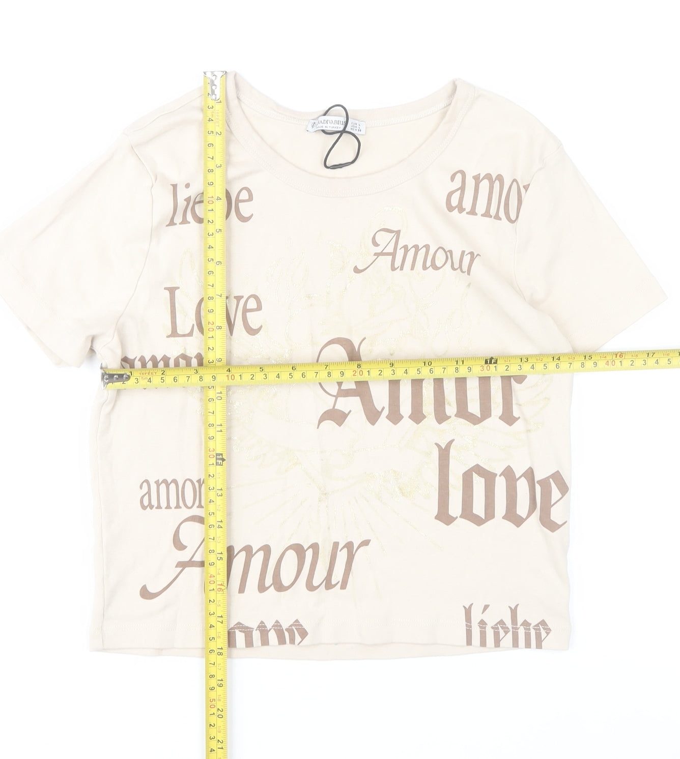 Stradivarius Women Beige Love Print T-Shirt Size 14 Cotton