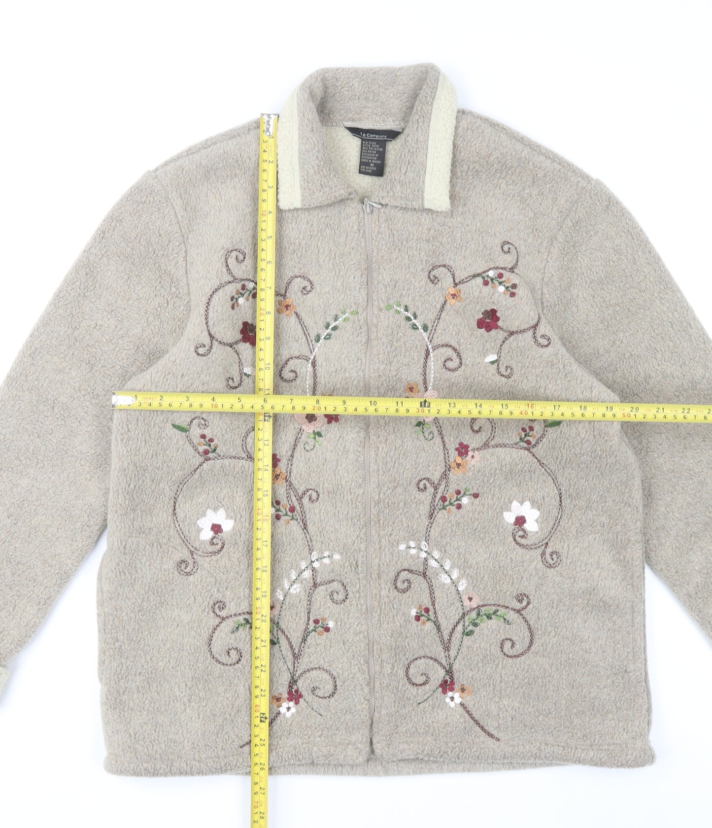 T & Company Women’s Beige Embroidered Fleece Jacket Size M