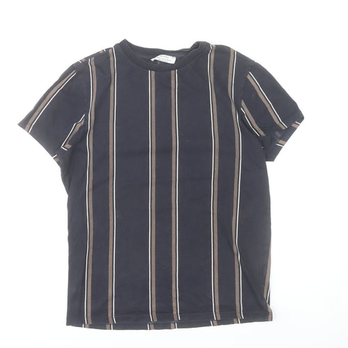 Bershka Men's Black Striped Cotton Crew Neck T-Shirt XS