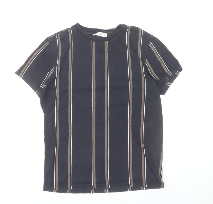 Bershka Men's Black Striped Cotton Crew Neck T-Shirt XS