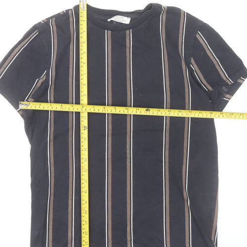 Bershka Men's Black Striped Cotton Crew Neck T-Shirt XS