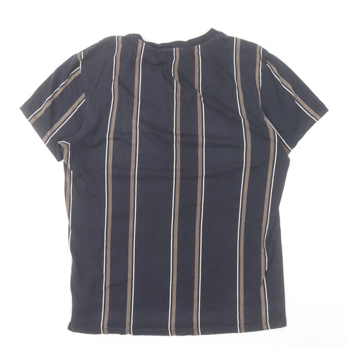 Bershka Men's Black Striped Cotton Crew Neck T-Shirt XS