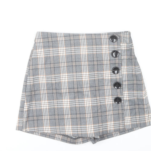 Stradivarius Women’s Grey Plaid Skort Size 8 Button Detail Short