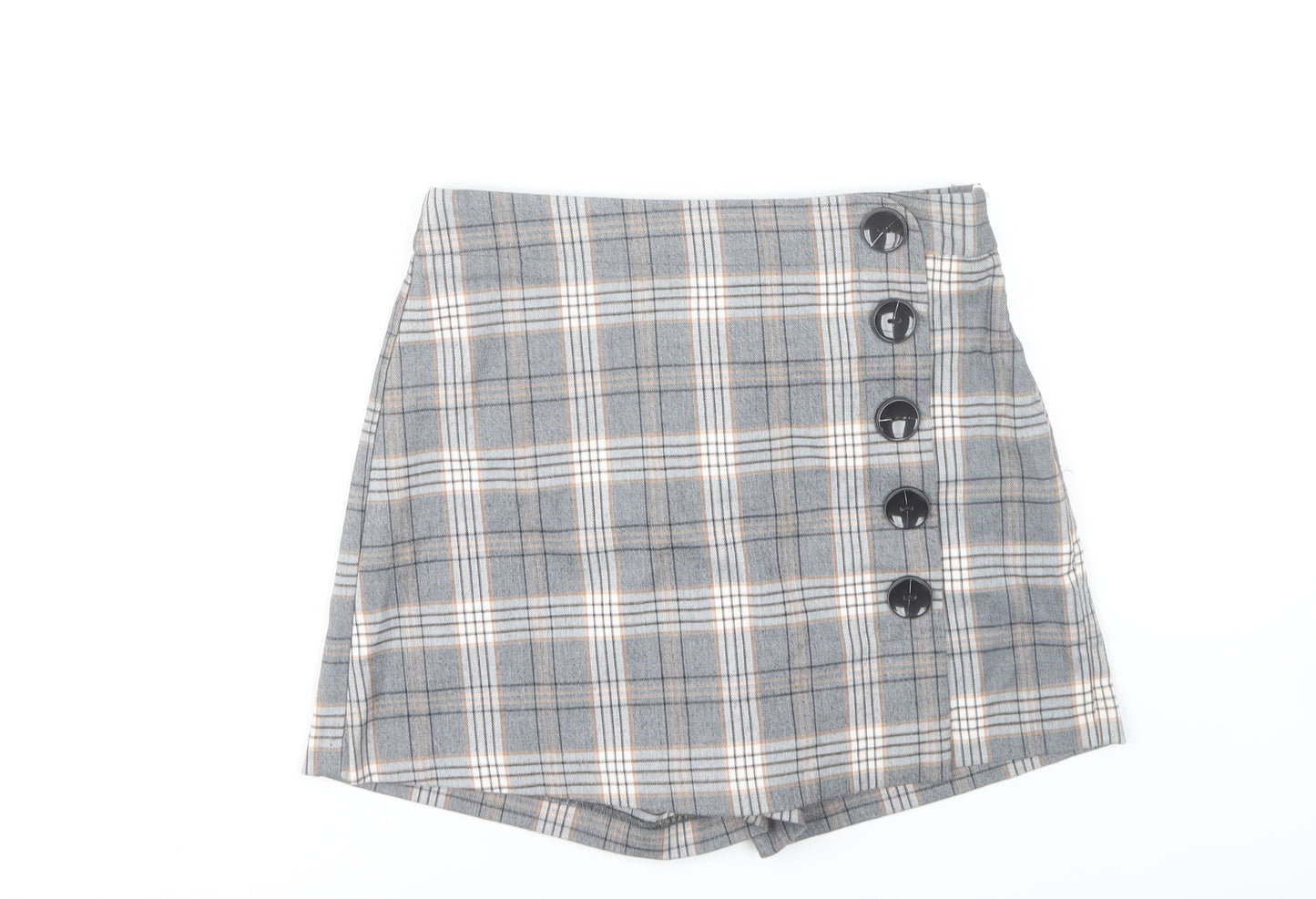 Stradivarius Women’s Grey Plaid Skort Size 8 Button Detail Short
