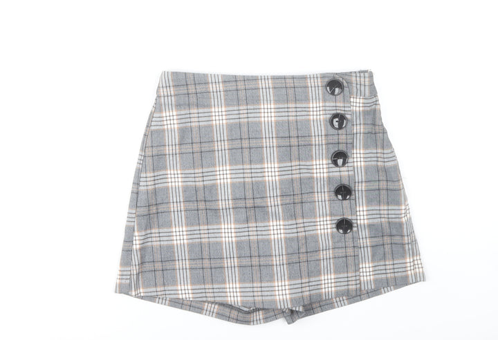 Stradivarius Women’s Grey Plaid Skort Size 8 Button Detail Short