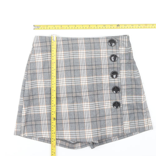 Stradivarius Women’s Grey Plaid Skort Size 8 Button Detail Short