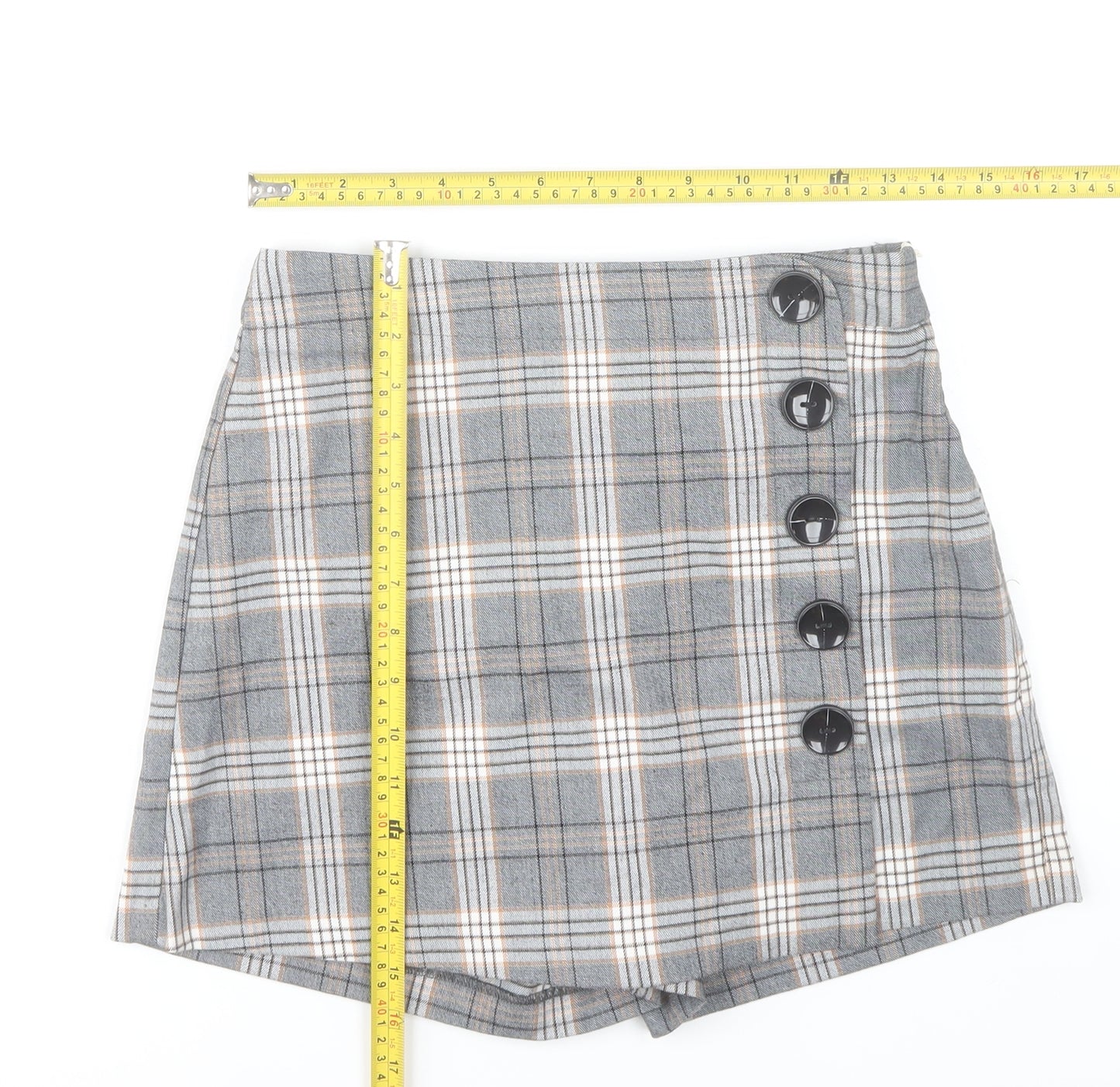 Stradivarius Women’s Grey Plaid Skort Size 8 Button Detail Short