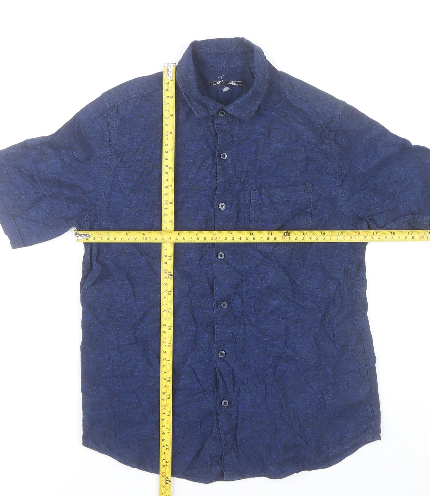 Next Boys Blue Cotton Linen Short Sleeve Button-Up Shirt 12 Years