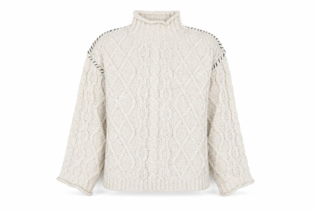 Front view of Primark Women’s Beige Cable-Knit Mock Neck Jumper, size S