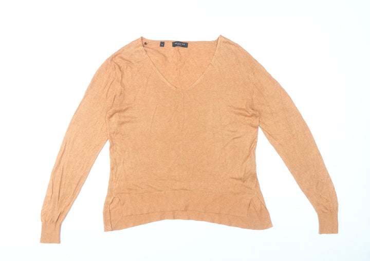 Selected Femme Women’s Brown V-Neck Pullover Jumper M Linen Blend