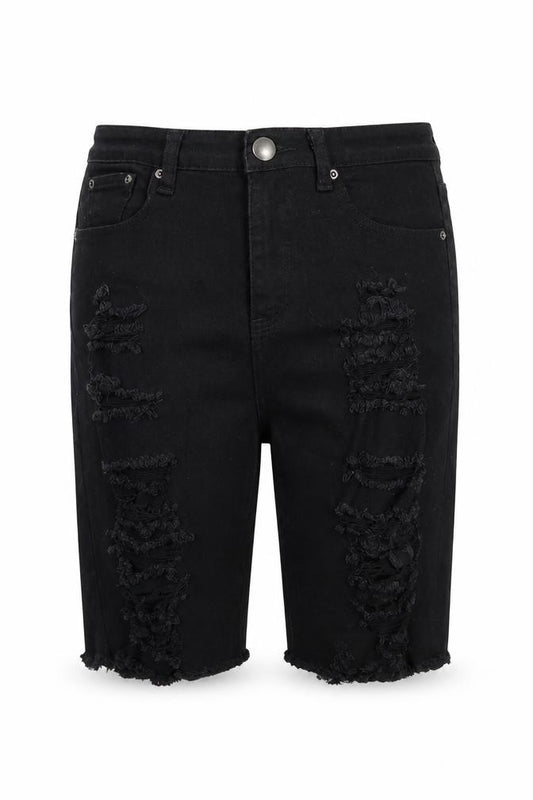 Front view of PRETTYLITTLETHING Women Black, size 10, Distressed Denim Bermuda Shorts