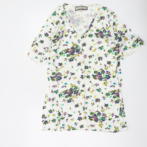 Paco Boutique Women’s White Floral Blouse Top XL Cotton Tunic V-Neck