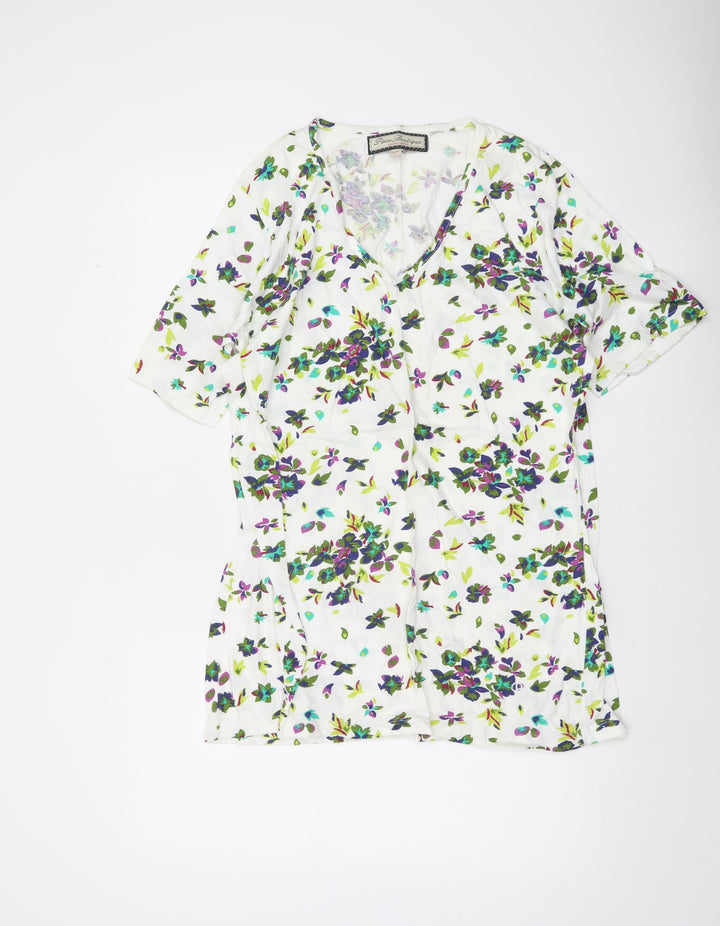 Paco Boutique Women’s White Floral Blouse Top XL Cotton Tunic V-Neck