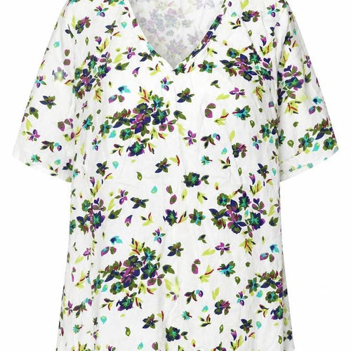 Paco Boutique Women’s White Floral Blouse Top XL Cotton Tunic V-Neck