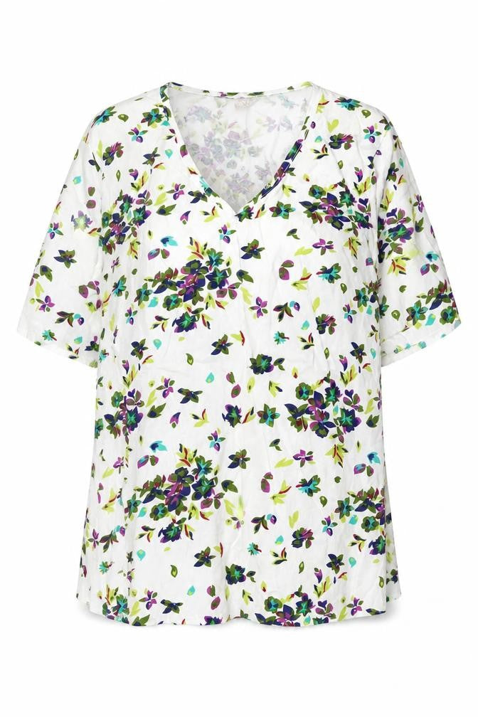 Paco Boutique Women’s White Floral Blouse Top XL Cotton Tunic V-Neck