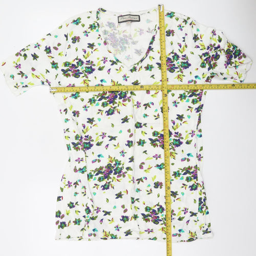 Paco Boutique Women’s White Floral Blouse Top XL Cotton Tunic V-Neck
