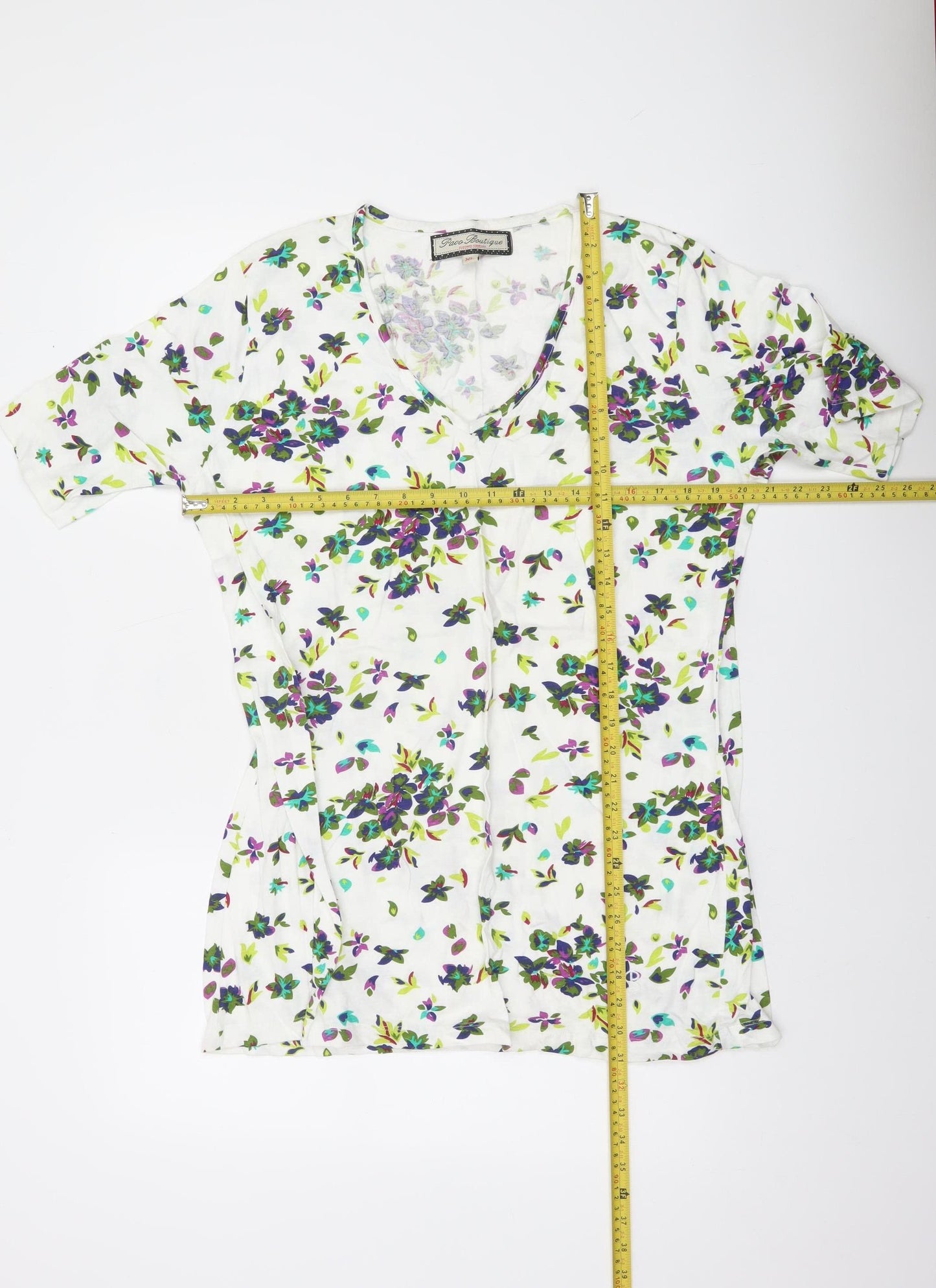 Paco Boutique Women’s White Floral Blouse Top XL Cotton Tunic V-Neck