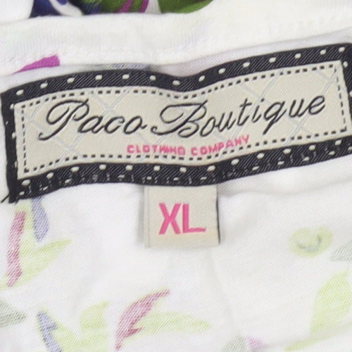 Paco Boutique Women’s White Floral Blouse Top XL Cotton Tunic V-Neck