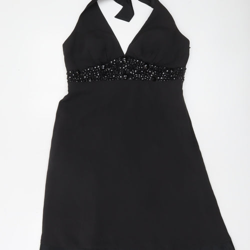 White House Black Market Women’s Black Silk Halter Beaded A-Line Dress Size 10