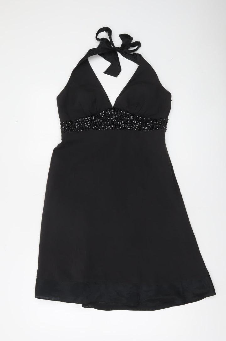 White House Black Market Women’s Black Silk Halter Beaded A-Line Dress Size 10