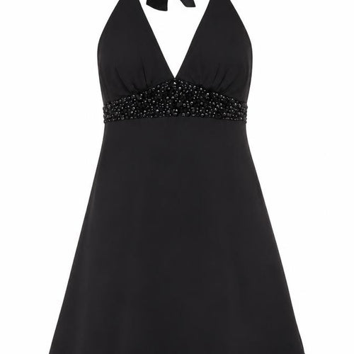White House Black Market Women’s Black Silk Halter Beaded A-Line Dress Size 10