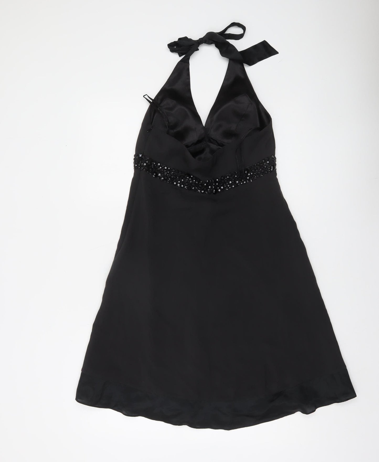 White House Black Market Women’s Black Silk Halter Beaded A-Line Dress Size 10