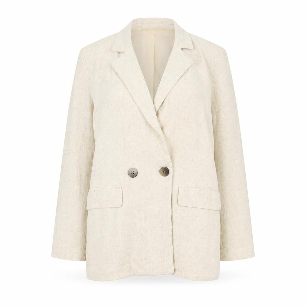 Front view of Primark Women Ivory Linen Blend Double-Breasted Blazer UK 12