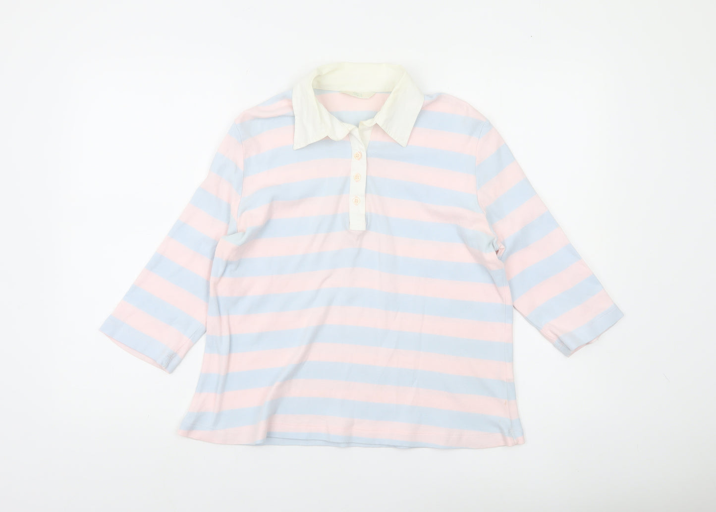 Marks and Spencer Womens Polo Shirt UK 14 Multicoloured Striped Cotton 3/4 Sleeve