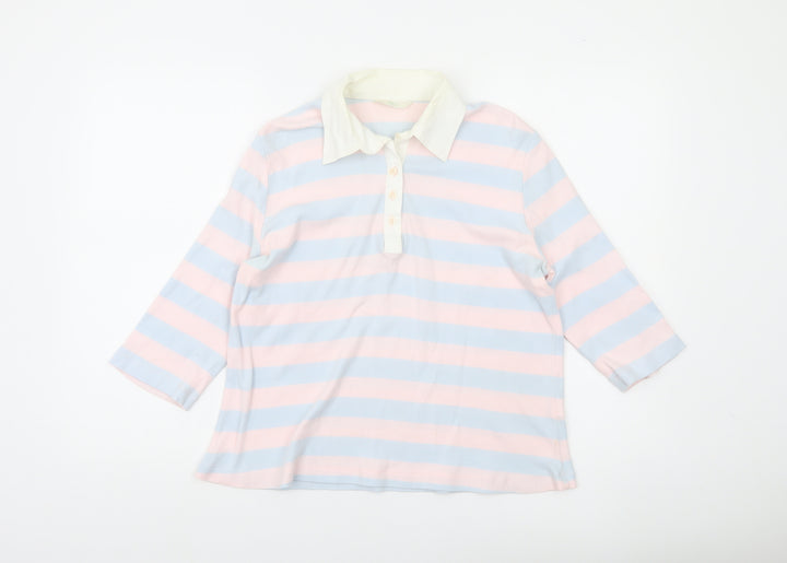 Marks and Spencer Womens Polo Shirt UK 14 Multicoloured Striped Cotton 3/4 Sleeve