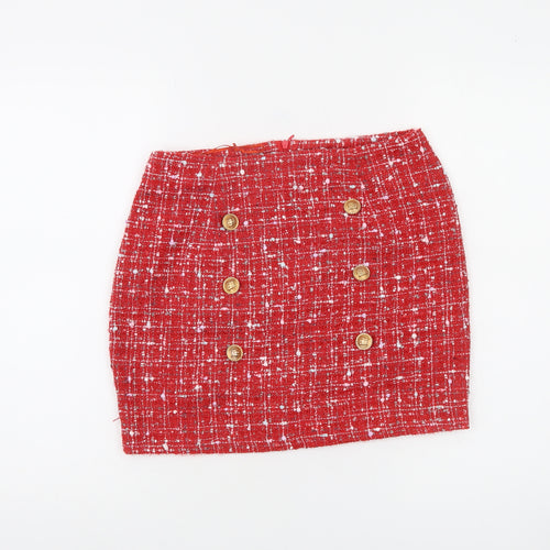NAANAA Women Red Tweed Short Skirt UK 8 High Rise Button Detail