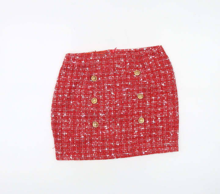 NAANAA Women Red Tweed Short Skirt UK 8 High Rise Button Detail
