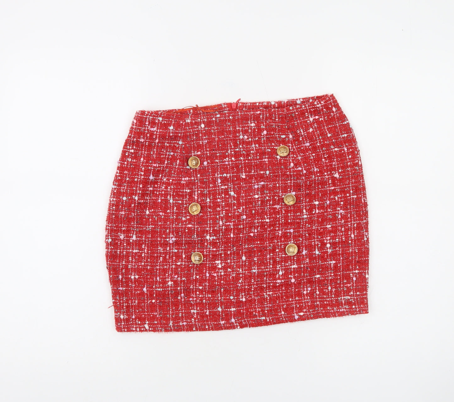 NAANAA Women Red Tweed Short Skirt UK 8 High Rise Button Detail