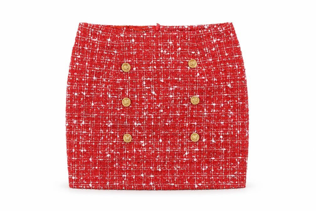 NAANAA Women Red Tweed Short Skirt UK 8 High Rise Button Detail