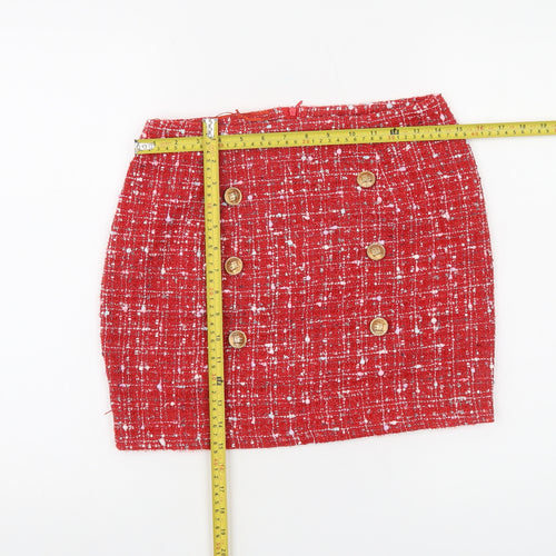 NAANAA Women Red Tweed Short Skirt UK 8 High Rise Button Detail