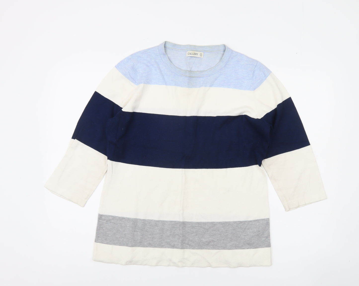 Gallery Womens UK 16 Navy Blue Striped Pullover Jumper 3/4 Sleeve