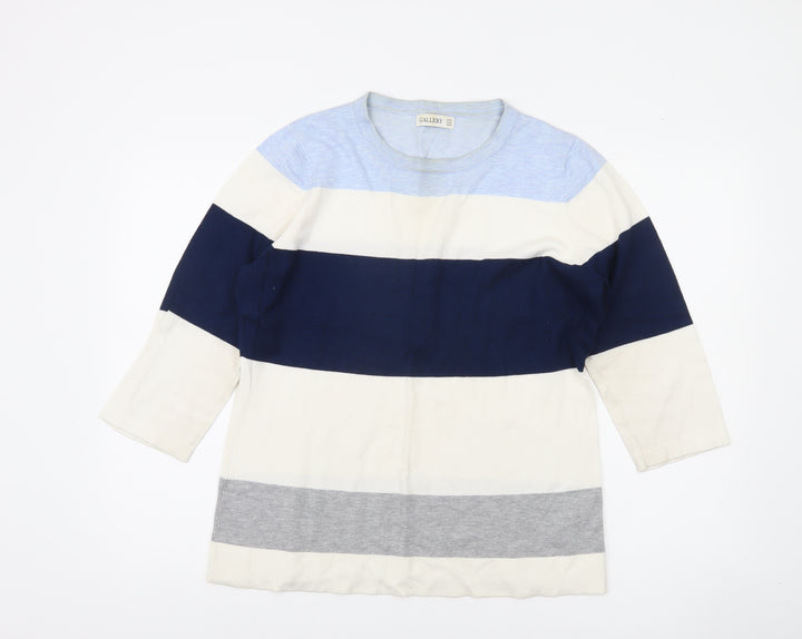 Gallery Womens UK 16 Navy Blue Striped Pullover Jumper 3/4 Sleeve