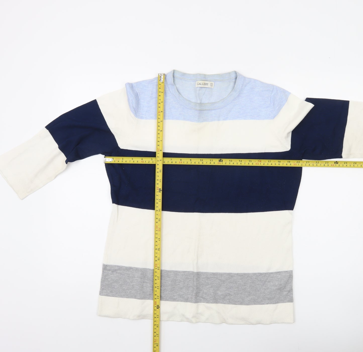 Gallery Womens UK 16 Navy Blue Striped Pullover Jumper 3/4 Sleeve