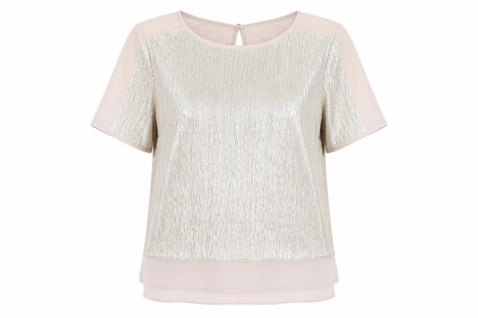 Front view of Oasis Women Silver Short Sleeve Blouse, size S, Party Cocktail Top