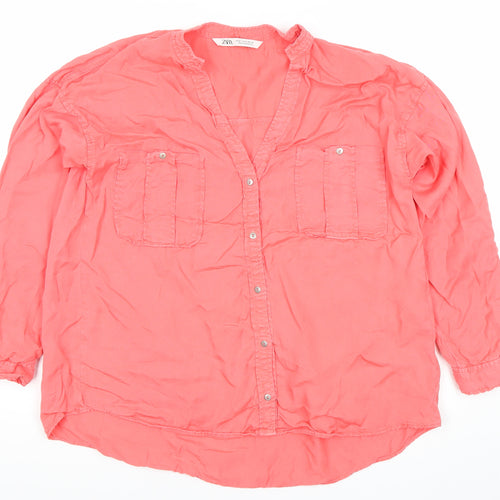 Zara Women Pink Button-Up Long Sleeve Shirt M 100% Lyocell