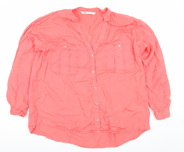 Zara Women Pink Button-Up Long Sleeve Shirt M 100% Lyocell
