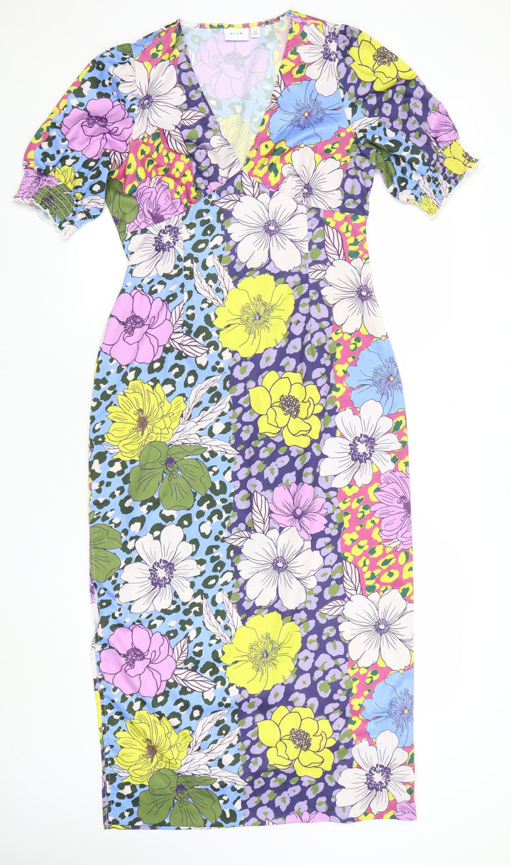 Vila Womens Multicoloured Floral Shift Midi V-Neck Dress Size 10