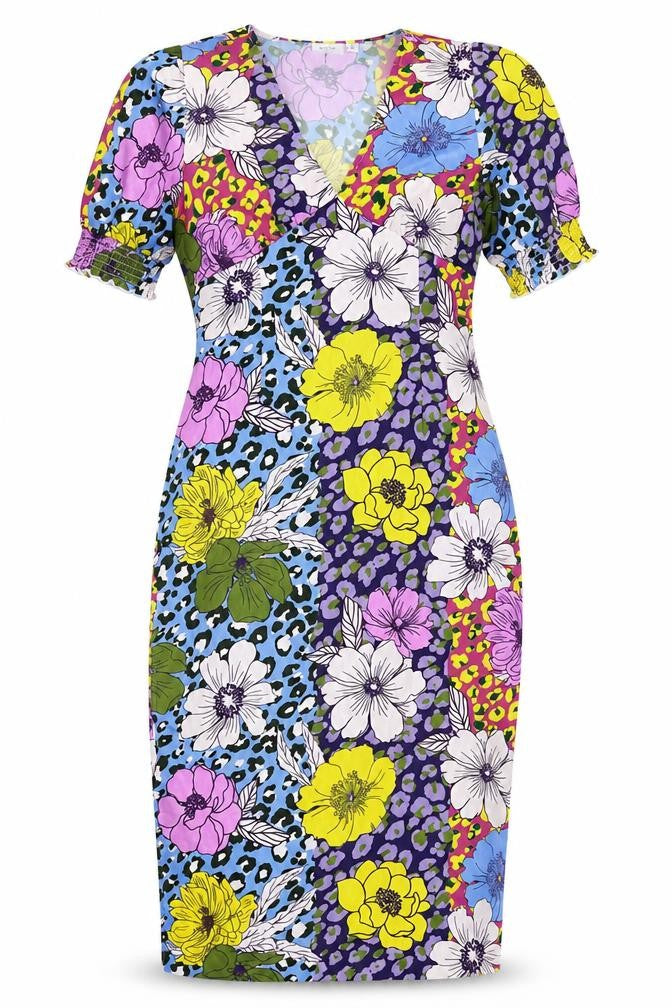 Front view of VILA women’s multicoloured floral shift midi v-neck dress, size UK 10