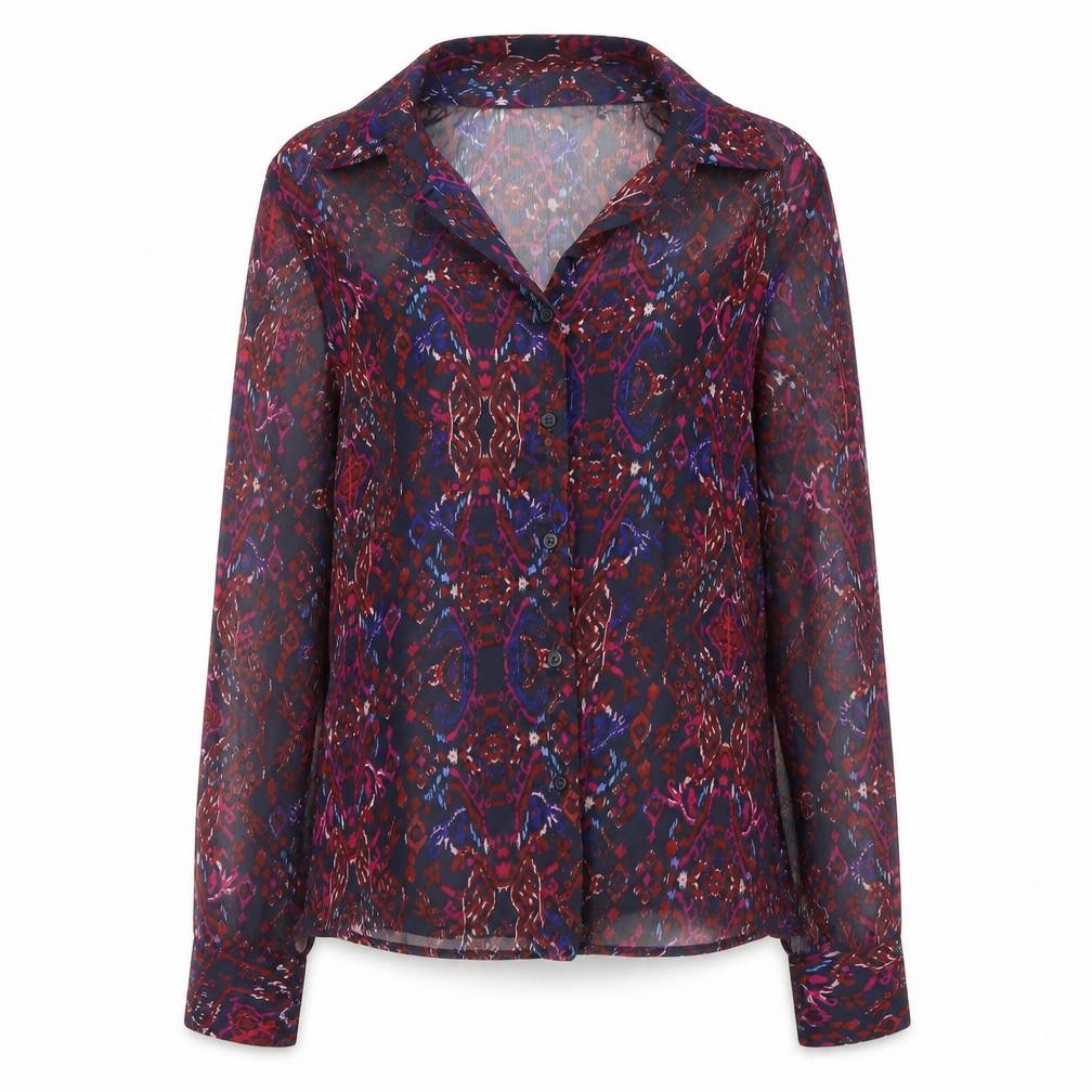 Front view of Only Women's Multicoloured Sheer Tunic Blouse, size S, Long Sleeve