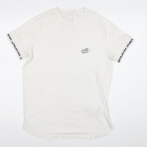 Bershka Men’s White Graphic Logo Short Sleeve T-Shirt Size M